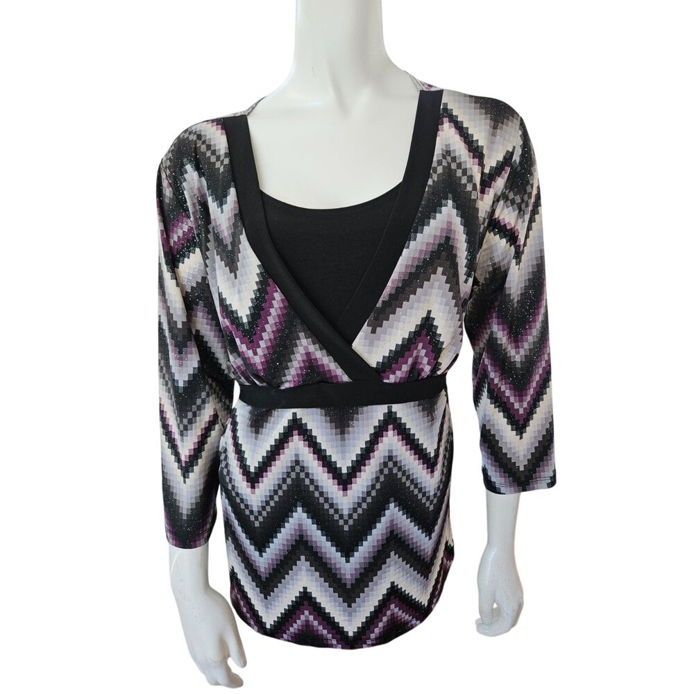 Dress Barn Black Purple Chevron Print Layered Look Blouse Womens Size Medium
